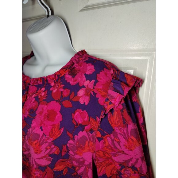 Adyson Parker Pink Purple Floral Ruffle Button-Up High Low LS Blouse Top L - Picture 3 of 9